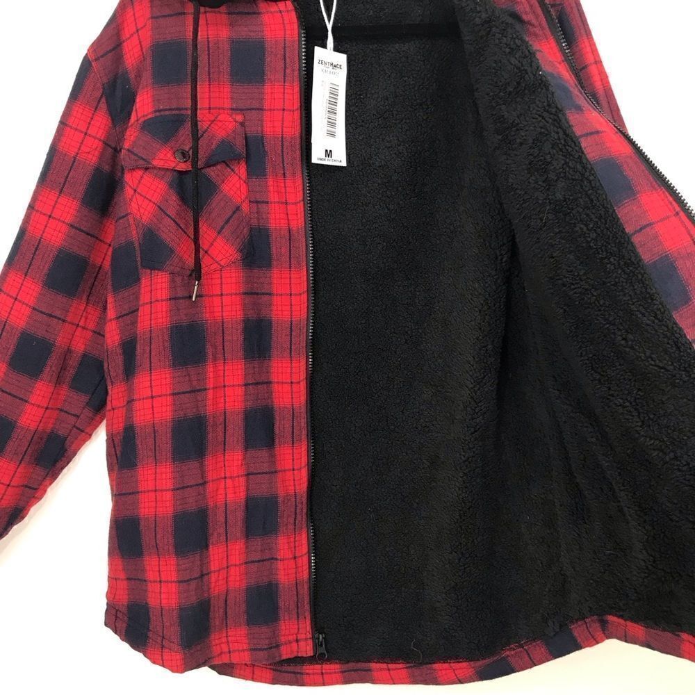 Zenthace Red Plaid Sherpa Fleece Lined Hooded Zip Up Jacket NEW - Picture 7 of 15